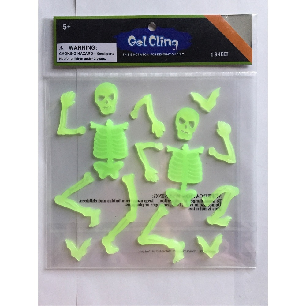 NEW Glow in the Dark HALLOWEEN Window Gel Stickers Clings 15 pc Skeletons Bats!